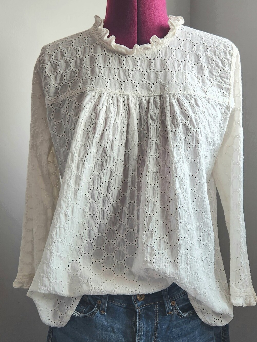 tribe alive White Eyelet Ruffle-Neck Blouse